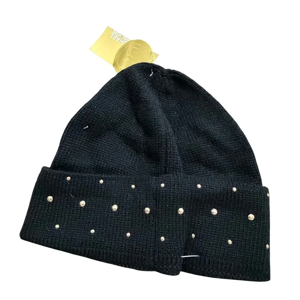 NWT Michael Kors black beanie hat w gold design soft warm gift ideas Christmas